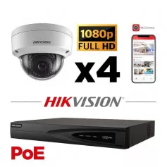 Kit vidéosurveillance PoE 4 caméras dôme full HD 2MP H265+ vision de nuit 30 mètres
