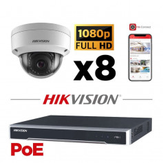 Kit vidéosurveillance PoE 8 caméras dôme full HD 2MP H265+ vision de nuit 30 mètres
